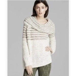 Free People Engineer Stripe Cowl Neck Sweater Natural Size S Open Knit Oversize‎